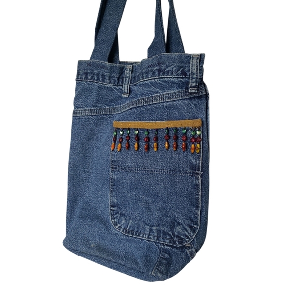 Vintage Handmade Denim Tote/ Shoulder Bag with Embroidered Accents. - Picture 3 of 10